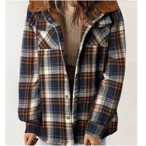 Cozy Plaid Print Teddy Lined Button Jacket Shacket